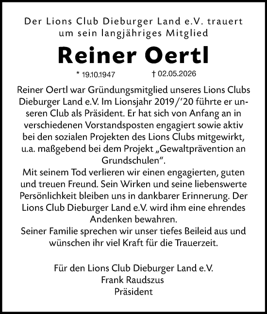Traueranzeige von Reiner Oertl von Dieburger Anzeiger/Groß-Zimmerner Lokal-Anzeiger