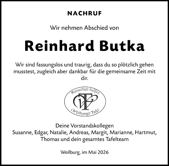 Traueranzeige von Reinhard Butka von Weilburger Tageblatt