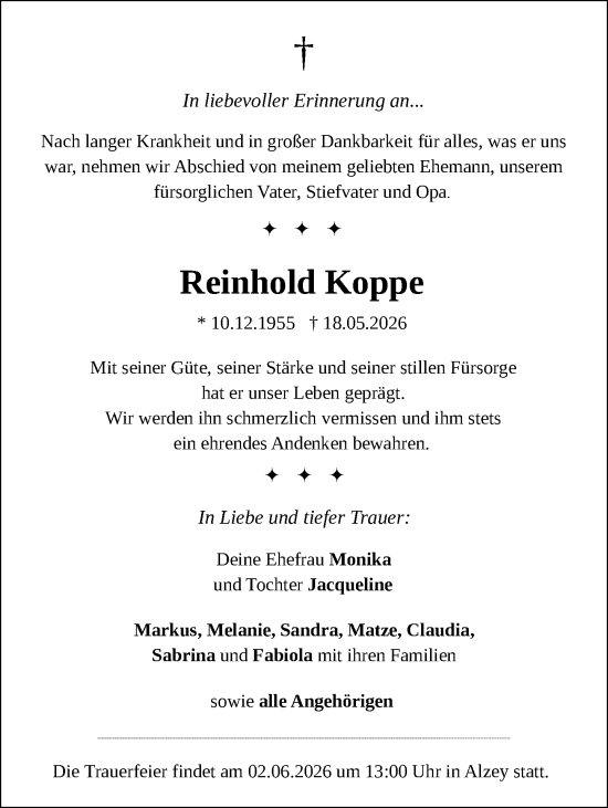 Traueranzeige von Reinhold Koppe von Allgemeine Zeitung Alzey