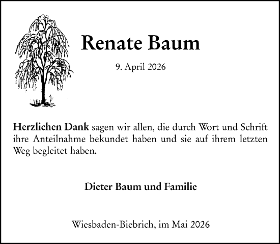 Traueranzeige von Renate Baum von Wiesbadener Kurier