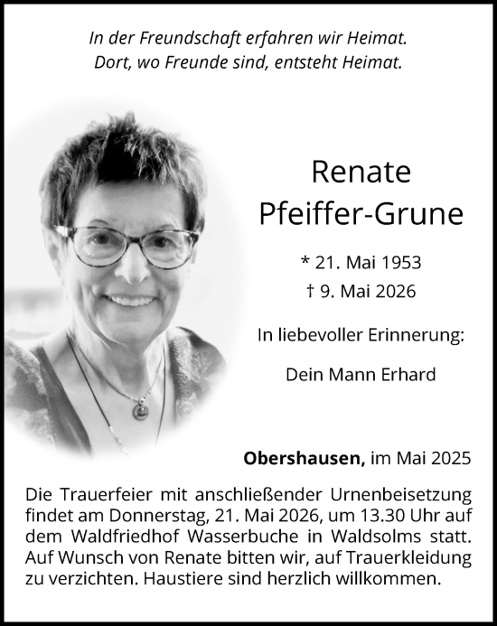 Traueranzeige von Renate Pfeiffer-Grune von Weilburger Tageblatt