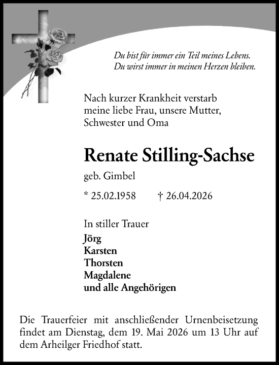 Traueranzeige von Renate Stilling-Sachse von Darmstädter Echo