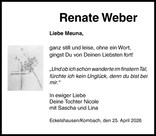 Traueranzeige von Renate Weber von Hinterländer Anzeiger