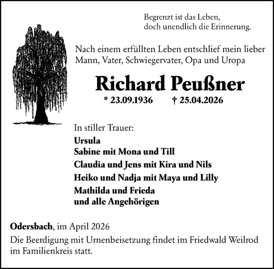 Traueranzeige von Richard Peußner von Weilburger Tageblatt