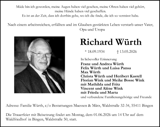 Traueranzeige von Richard Würth von Allgemeine Zeitung Rheinhessen-Nahe