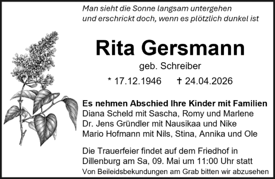 Traueranzeige von Rita Gersmann von Dill Block