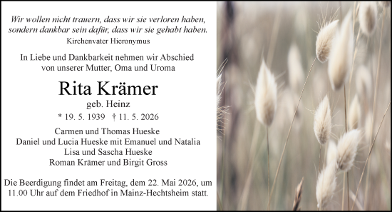 Traueranzeige von Rita Krämer von Allgemeine Zeitung Mainz