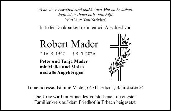 Traueranzeige von Robert Mader von Odenwälder Echo