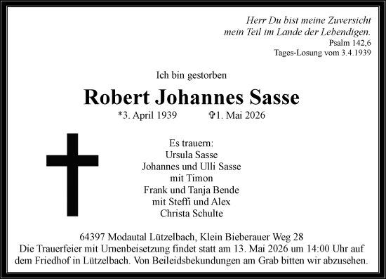 Traueranzeige von Robert Johannes Sasse von Darmstädter Echo