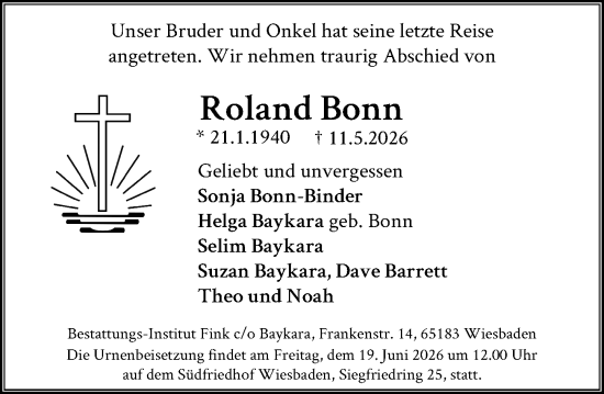 Traueranzeige von Roland Bonn von Wiesbadener Kurier