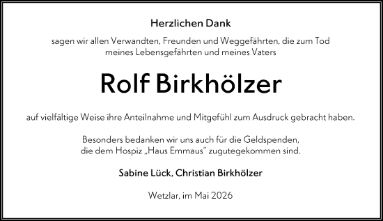 Traueranzeige von Rolf Birkhölzer von Wetzlarer Neue Zeitung