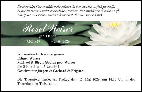Traueranzeige von Rosel Weiser von Darmstädter Echo