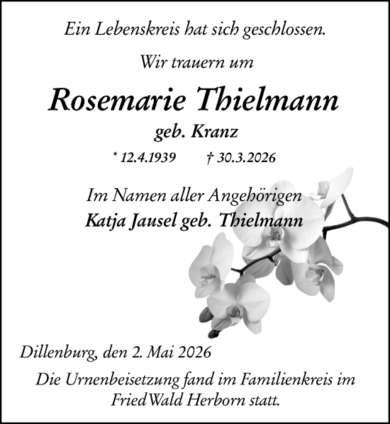 Traueranzeige von Rosemarie Thielmann von Dill Block