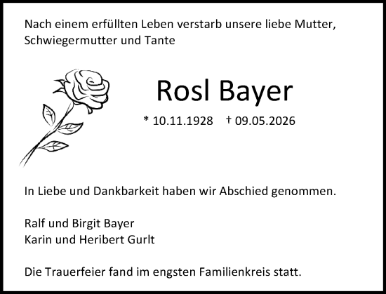Traueranzeige von Rosl Bayer von Allgemeine Zeitung Mainz