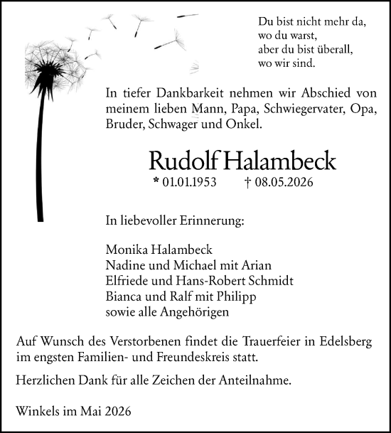 Traueranzeige von Rudolf Halambeck von Weilburger Tageblatt
