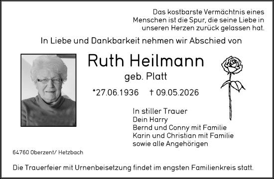 Traueranzeige von Ruth Heilmann von Odenwälder Echo