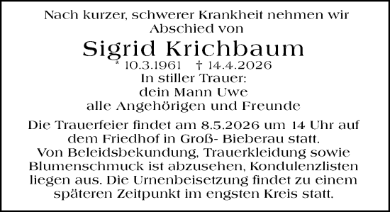 Traueranzeige von Sigrid Krichbaum von Odenwälder Echo