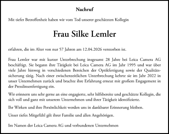 Traueranzeige von Silke Lemler von Wetzlarer Neue Zeitung
