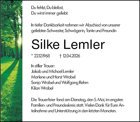 Traueranzeige von Silke Lemler von Wetzlarer Neue Zeitung