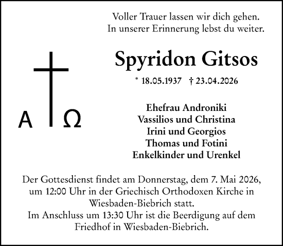 Traueranzeige von Spyridon Gitsos von Wiesbadener Kurier
