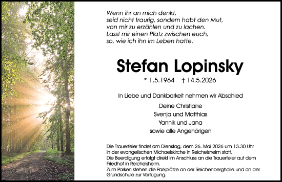 Traueranzeige von Stefan Lopinsky von Odenwälder Echo