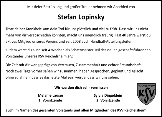 Traueranzeige von Stefan Lopinsky von Odenwälder Echo
