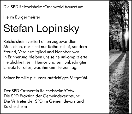 Traueranzeige von Stefan Lopinsky von Odenwälder Echo