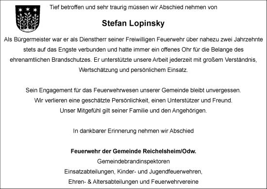 Traueranzeige von Stefan Lopinsky von Odenwälder Echo