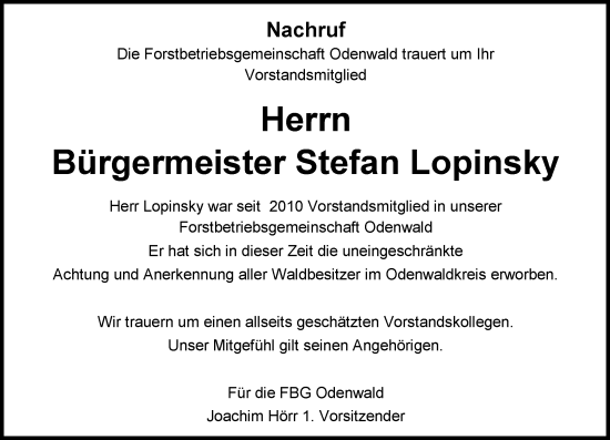 Traueranzeige von Stefan Lopinsky von Odenwälder Echo