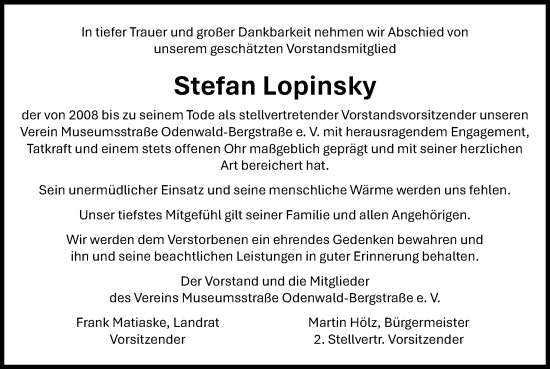 Traueranzeige von Stefan Lopinsky von Odenwälder Echo