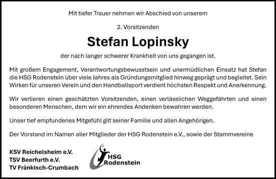 Traueranzeige von Stefan Lopinsky von Odenwälder Echo