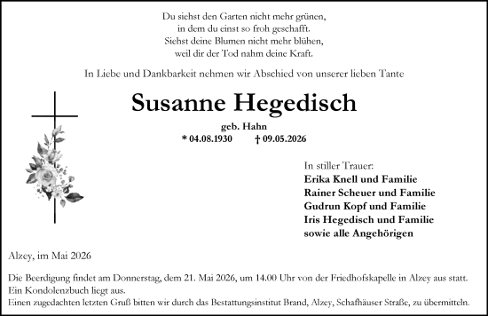 Traueranzeige von Susanne Hegedisch von Allgemeine Zeitung Alzey