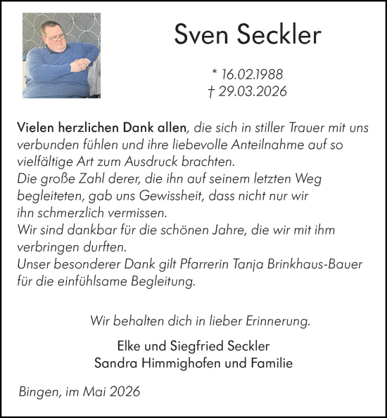 Traueranzeige von Sven Seckler von Binger-/Ingelheimer Wochenblatt