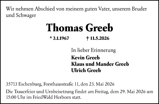 Traueranzeige von Thomas Greeb von Dill Block
