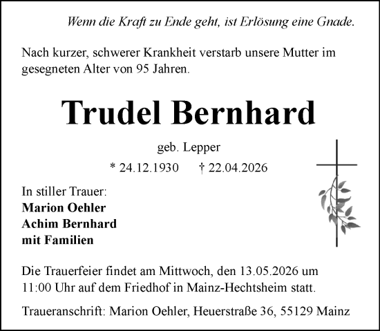 Traueranzeige von Trudel Bernhard von Allgemeine Zeitung Mainz