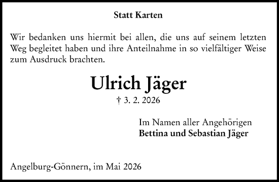 Traueranzeige von Ulrich Jäger von Hinterländer Anzeiger