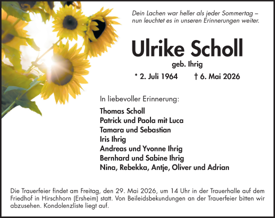 Traueranzeige von Ulrike Scholl von Odenwälder Echo