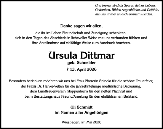 Traueranzeige von Ursula Dittmar von Wiesbadener Kurier
