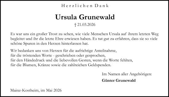 Traueranzeige von Ursula Grunewald von Allgemeine Zeitung Mainz