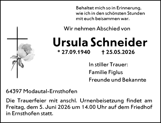 Traueranzeige von Ursula Schneider von Darmstädter Echo