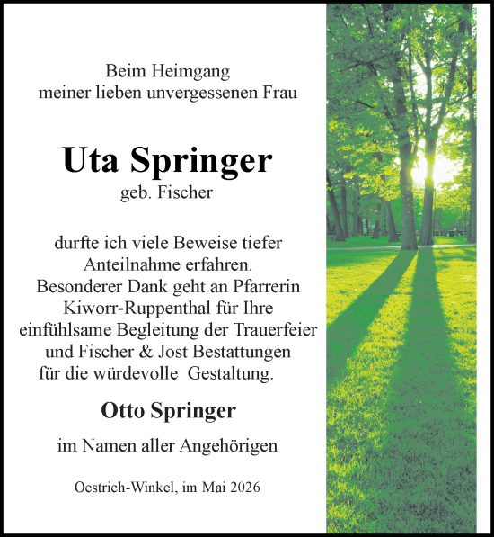 Traueranzeige von Uta Springer von Wiesbadener Kurier