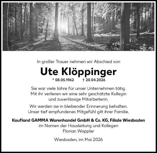 Traueranzeige von Ute Klöppinger von Wiesbadener Kurier