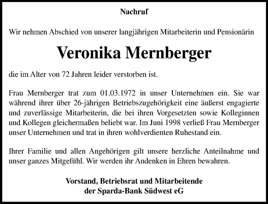 Traueranzeige von Veronika Mernberger von Allgemeine Zeitung Mainz
