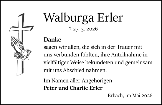 Traueranzeige von Walburga Erler von Odenwälder Echo