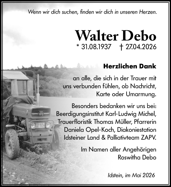 Traueranzeige von Walter Debo von Idsteiner Land/Untertaunus