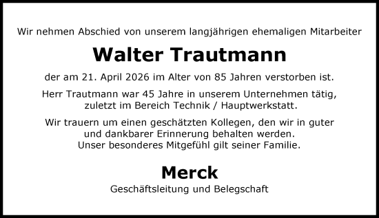 Traueranzeige von Walter Trautmann von Darmstädter Echo