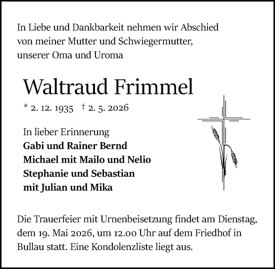 Traueranzeige von Waltraud Frimmel von Odenwälder Echo