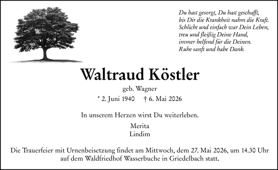 Traueranzeige von Waltraud Köstler von Wetzlarer Neue Zeitung