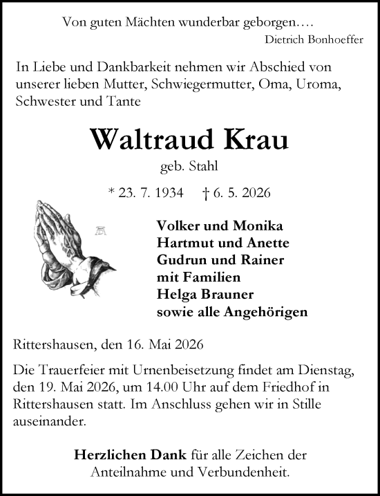 Traueranzeige von Waltraud Krau von Dill Block