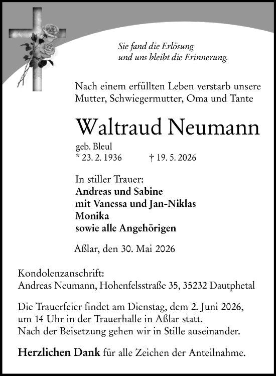 Traueranzeige von Waltraud Neumann von Wetzlarer Neue Zeitung